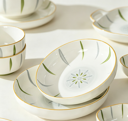 Green & Grey Willow Leaf Underglaze Ceramic Tableware Set