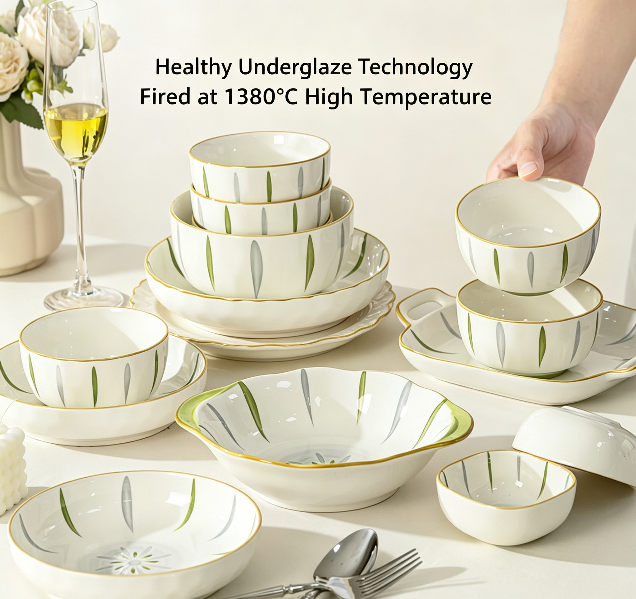 Green & Grey Willow Leaf Underglaze Ceramic Tableware Set