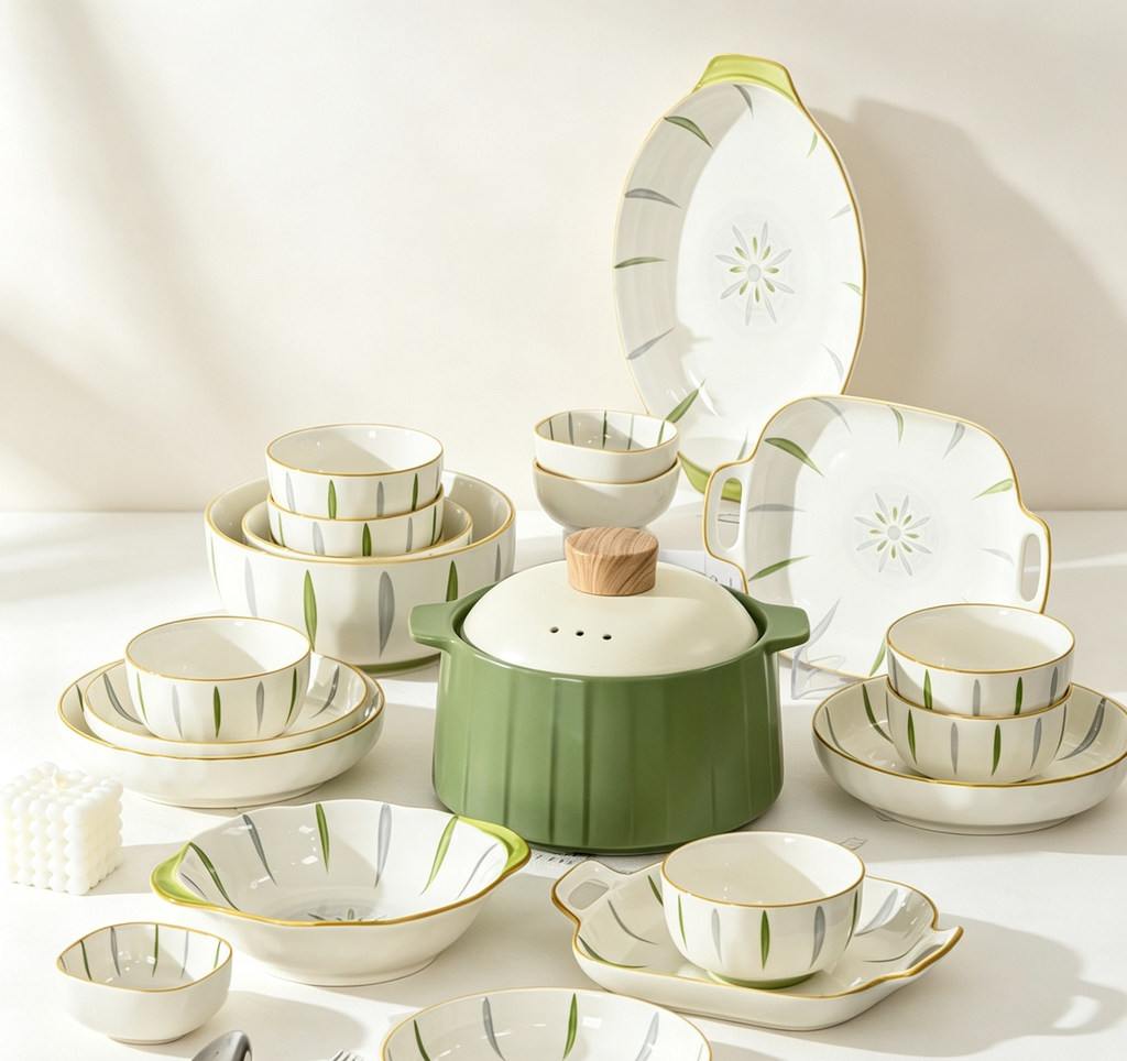 Green & Grey Willow Leaf Underglaze Ceramic Tableware Set