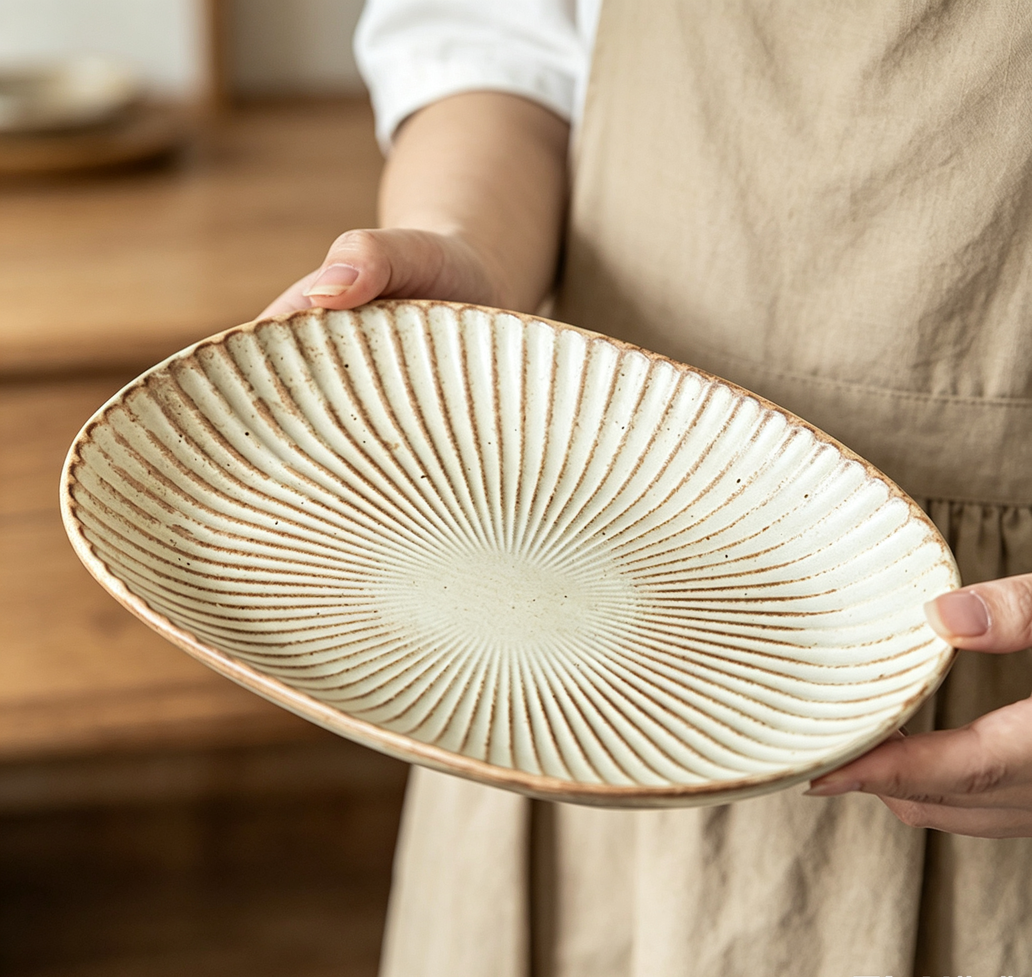 Japanese Radial Strip Rough Ceramic Oval Fish Plate