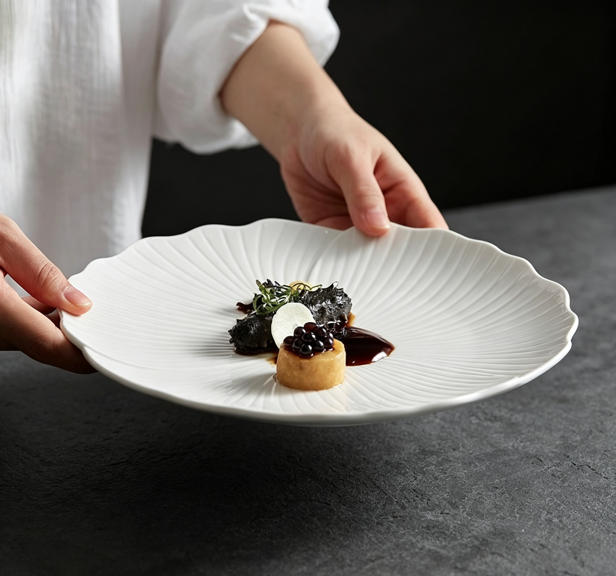 Pure White Petal Radial Textured Ceramic Western Dinner Plate
