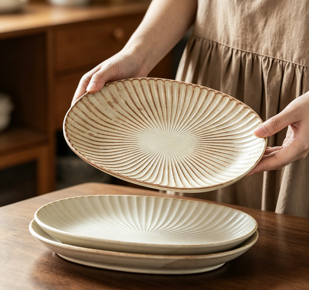 Japanese Radial Strip Rough Ceramic Oval Fish Plate