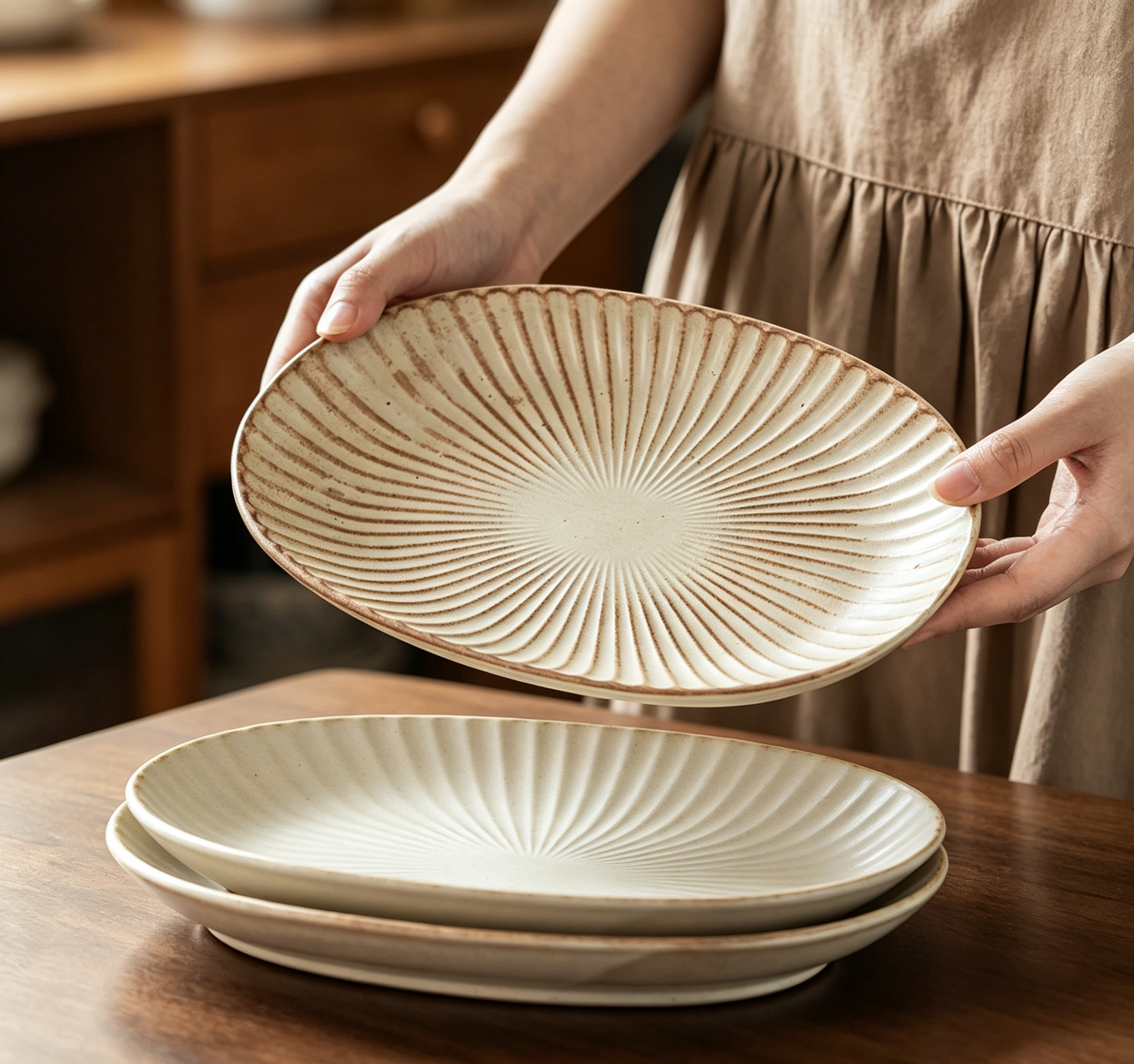 Japanese Radial Strip Rough Ceramic Oval Fish Plate